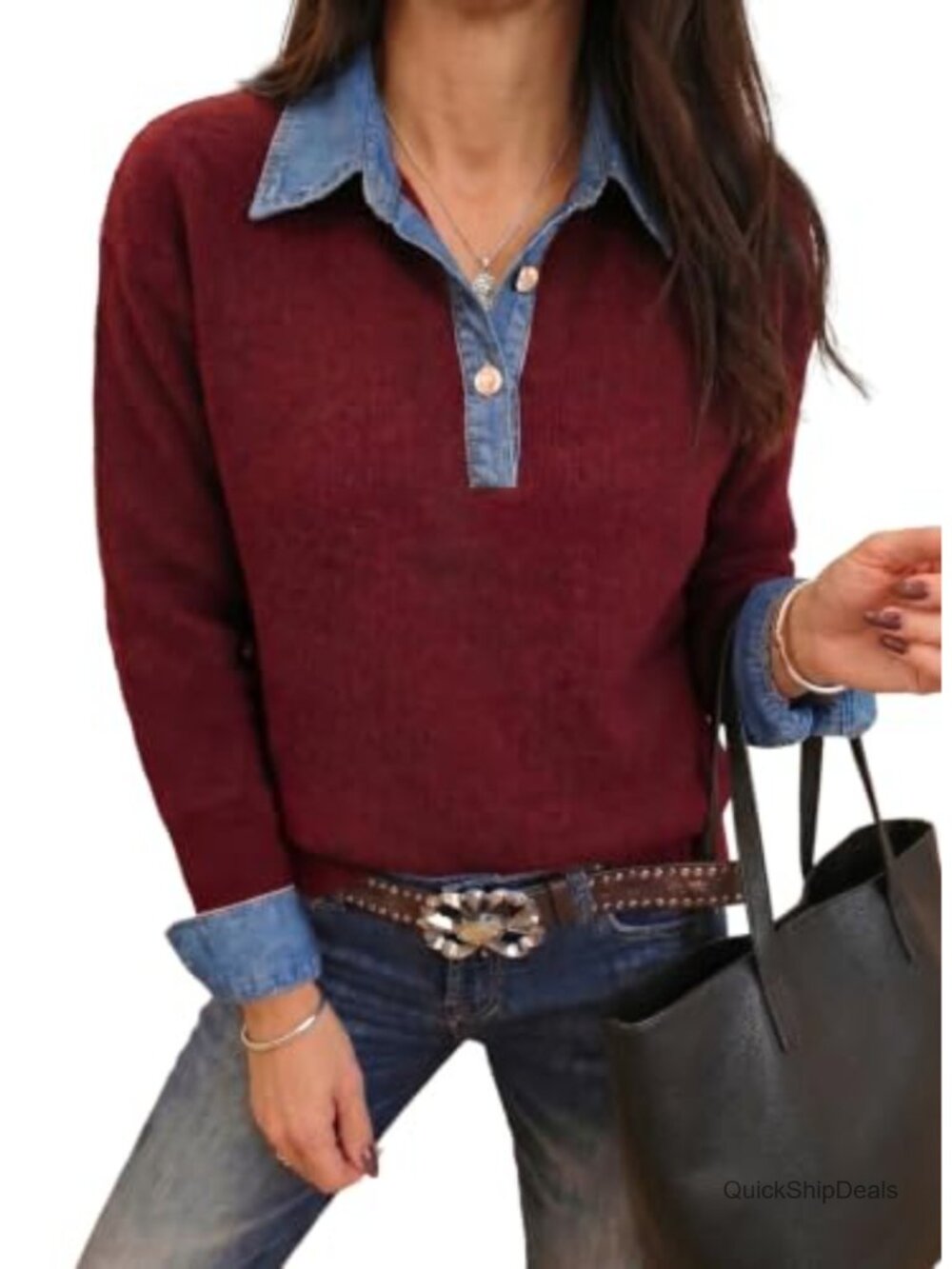 Sidefeel Womens Chunky Knit Pullover Sweater with Denim Collar Faux Layered